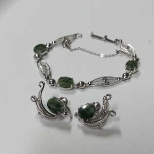 Vintage Sorrento Sterling Elegant Moss Agate Earring and Bracelet Set